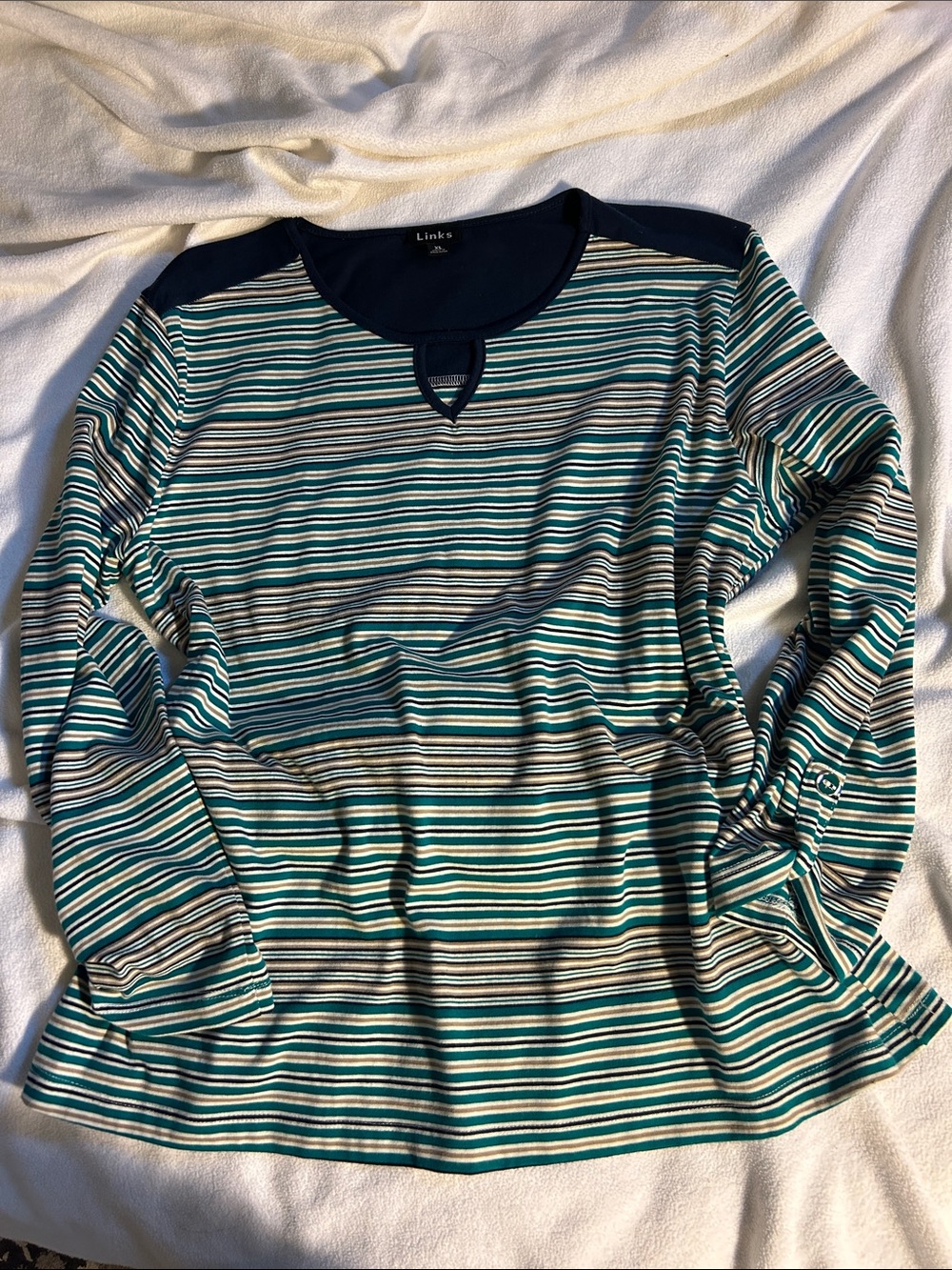 Link Striped Scoop Neck Top in Navy, Teal & White